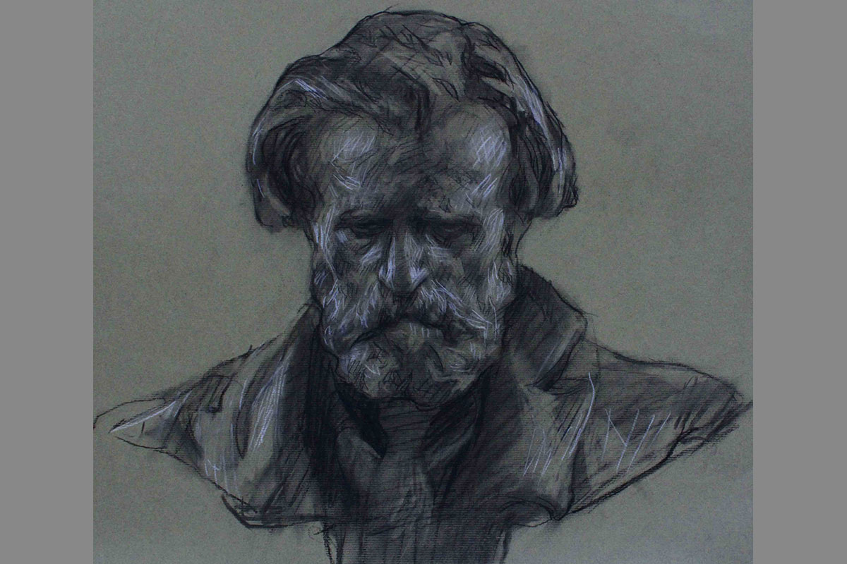 Desenho em carvão a partir da obra Giuseppe Verdi, de Vincenzo Gemito